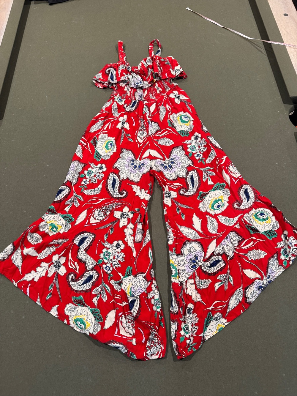 Red Floral Wide-Leg Smocked Jumpsuit